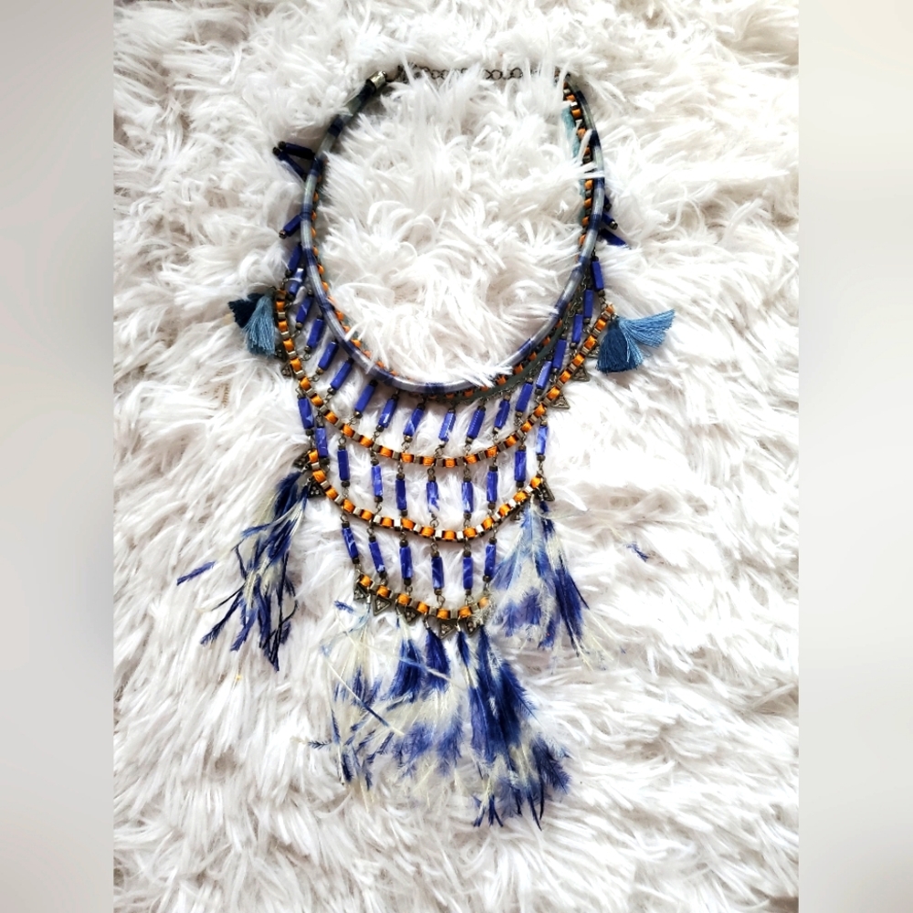 Beads Feathers Tribal Bib Statement necklace